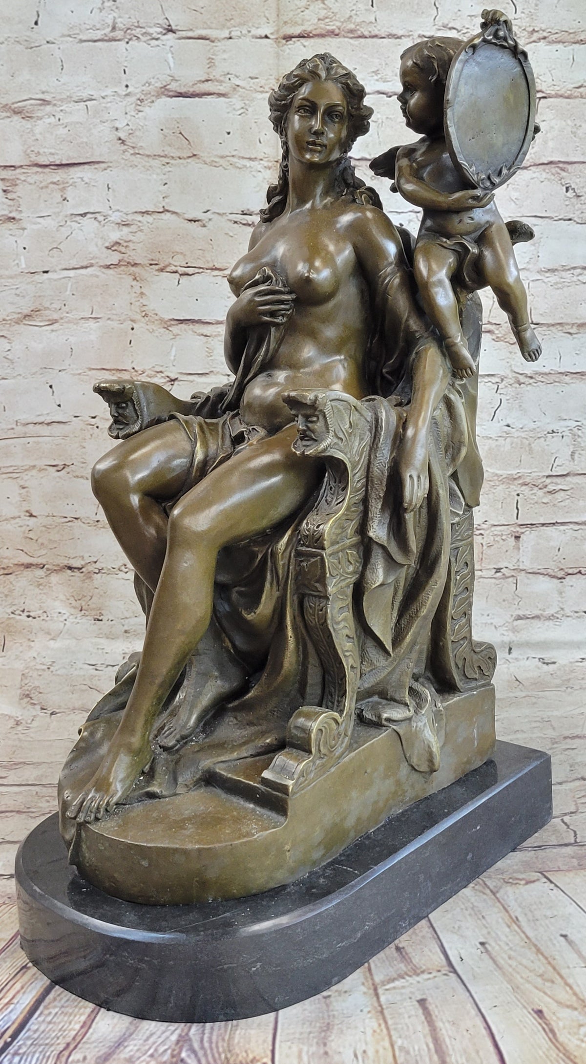 Vintage Style Classical Seated Nude Female Figure & Cherub Sculpture