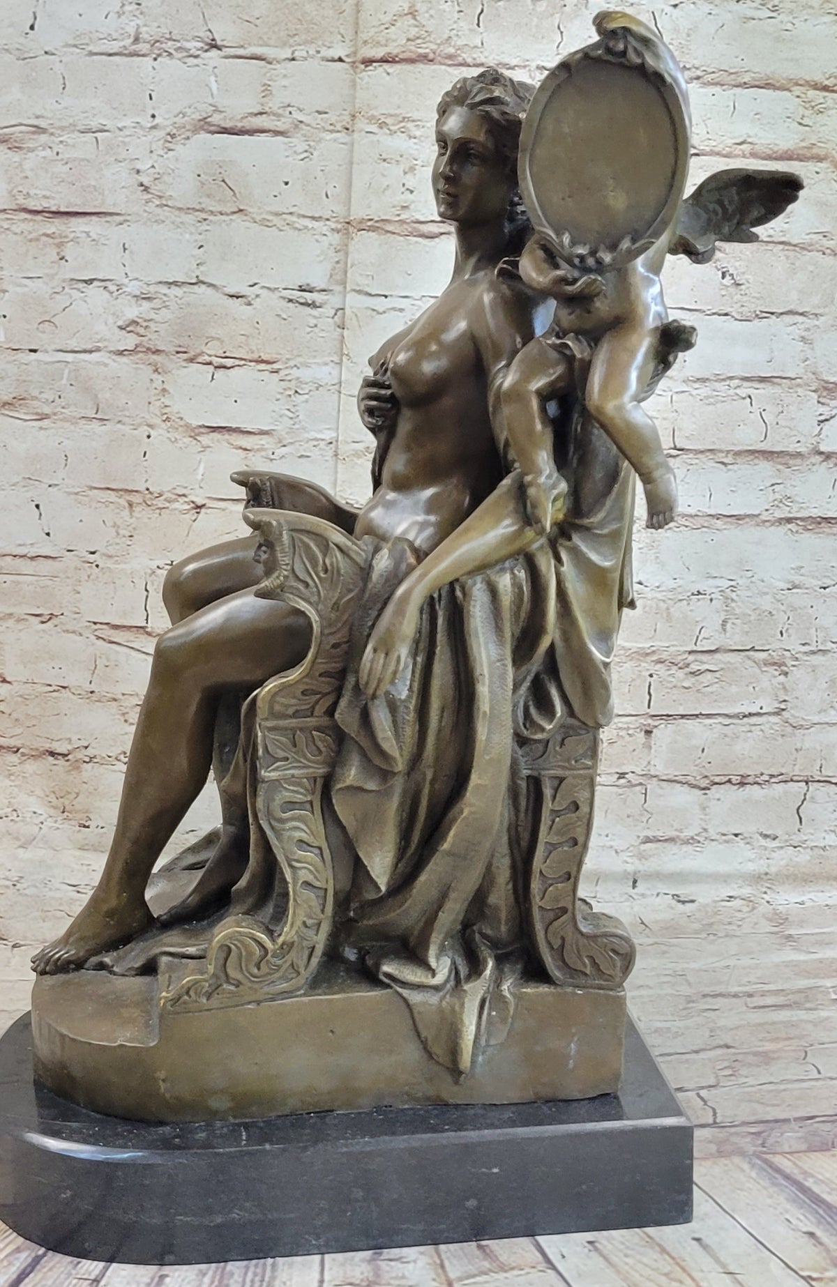 Vintage Style Classical Seated Nude Female Figure & Cherub Sculpture