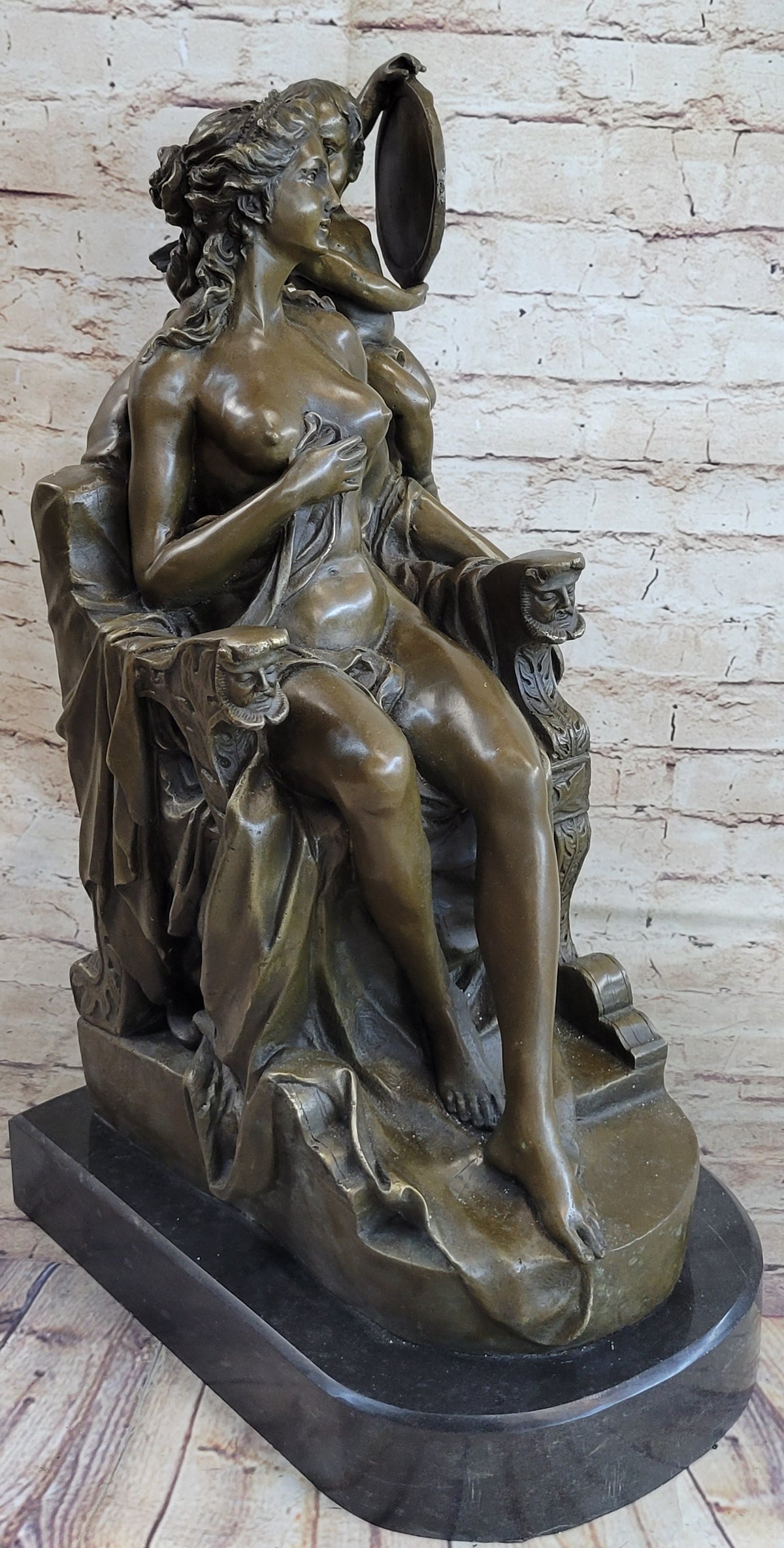 Vintage Style Classical Seated Nude Female Figure & Cherub Sculpture