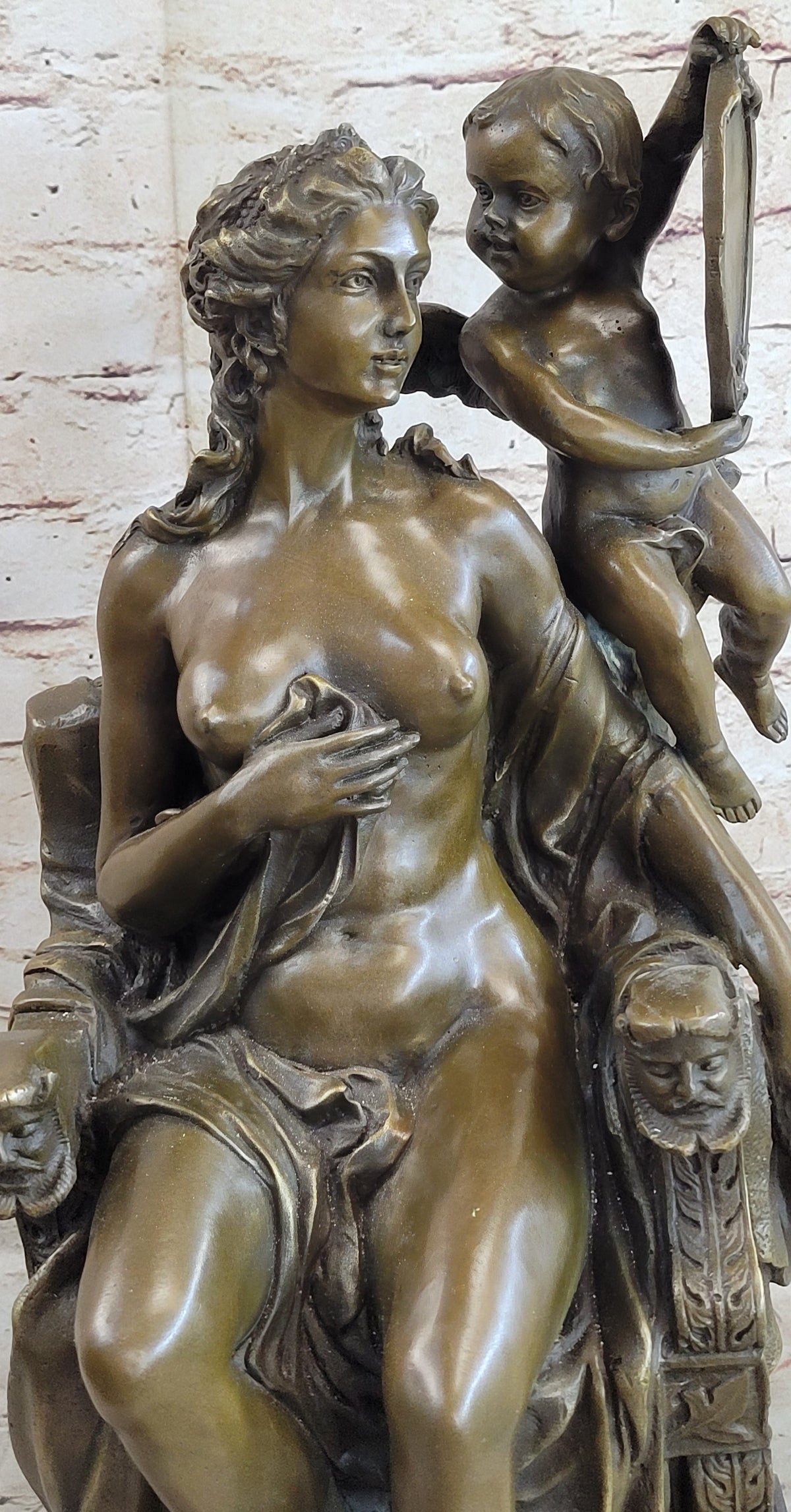 Vintage Style Classical Seated Nude Female Figure & Cherub Sculpture