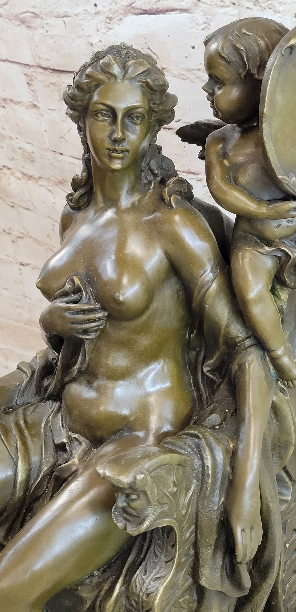 Vintage Style Classical Seated Nude Female Figure & Cherub Sculpture
