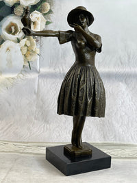 Solid Bronze Sculpture Lady with Bird Signed Real Art LRG