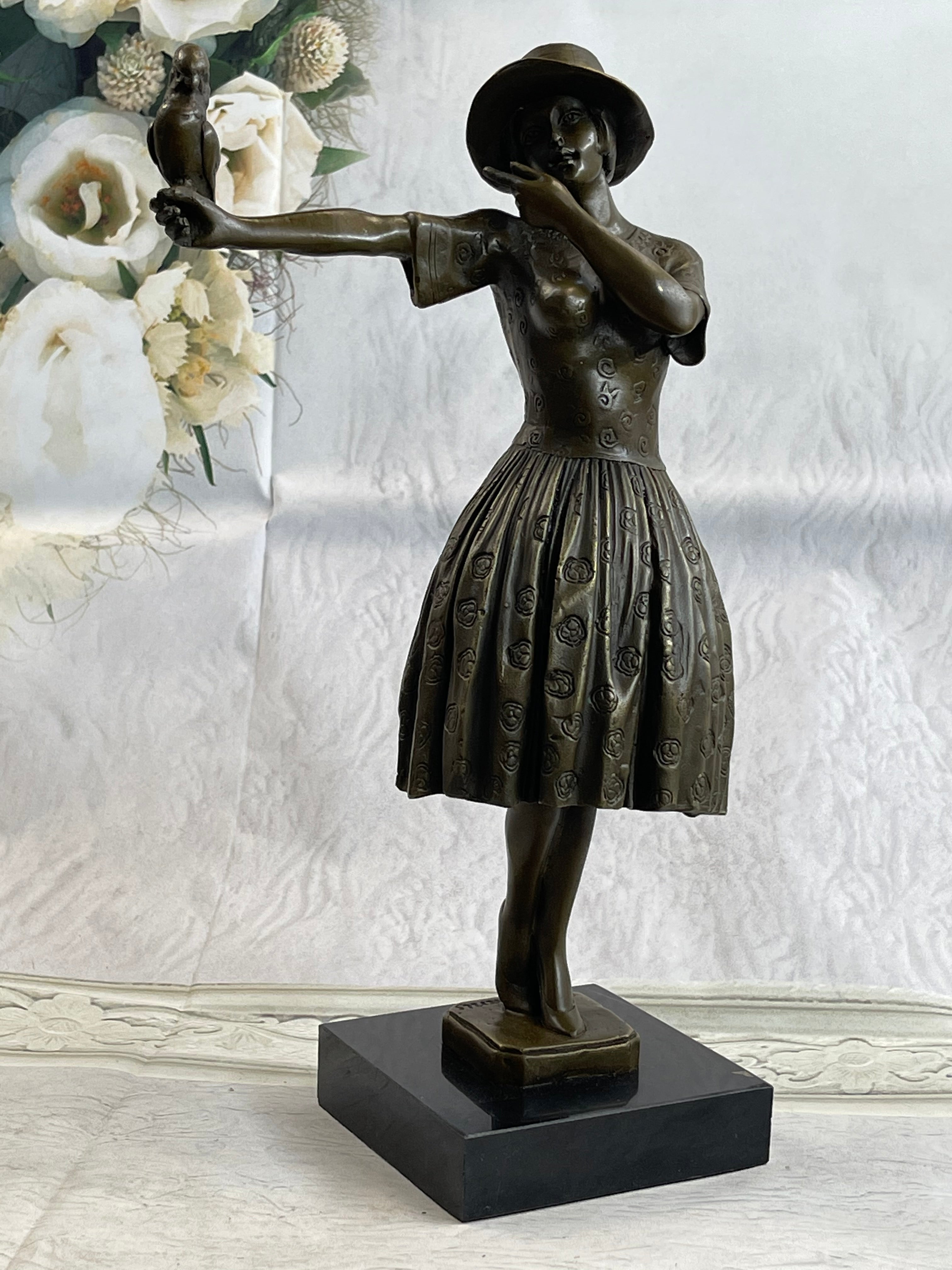Solid Bronze Sculpture Lady with Bird Signed Real Art LRG