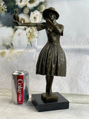 Solid Bronze Sculpture Lady with Bird Signed Real Art LRG