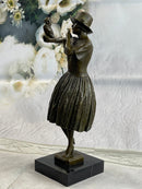 Solid Bronze Sculpture Lady with Bird Signed Real Art LRG