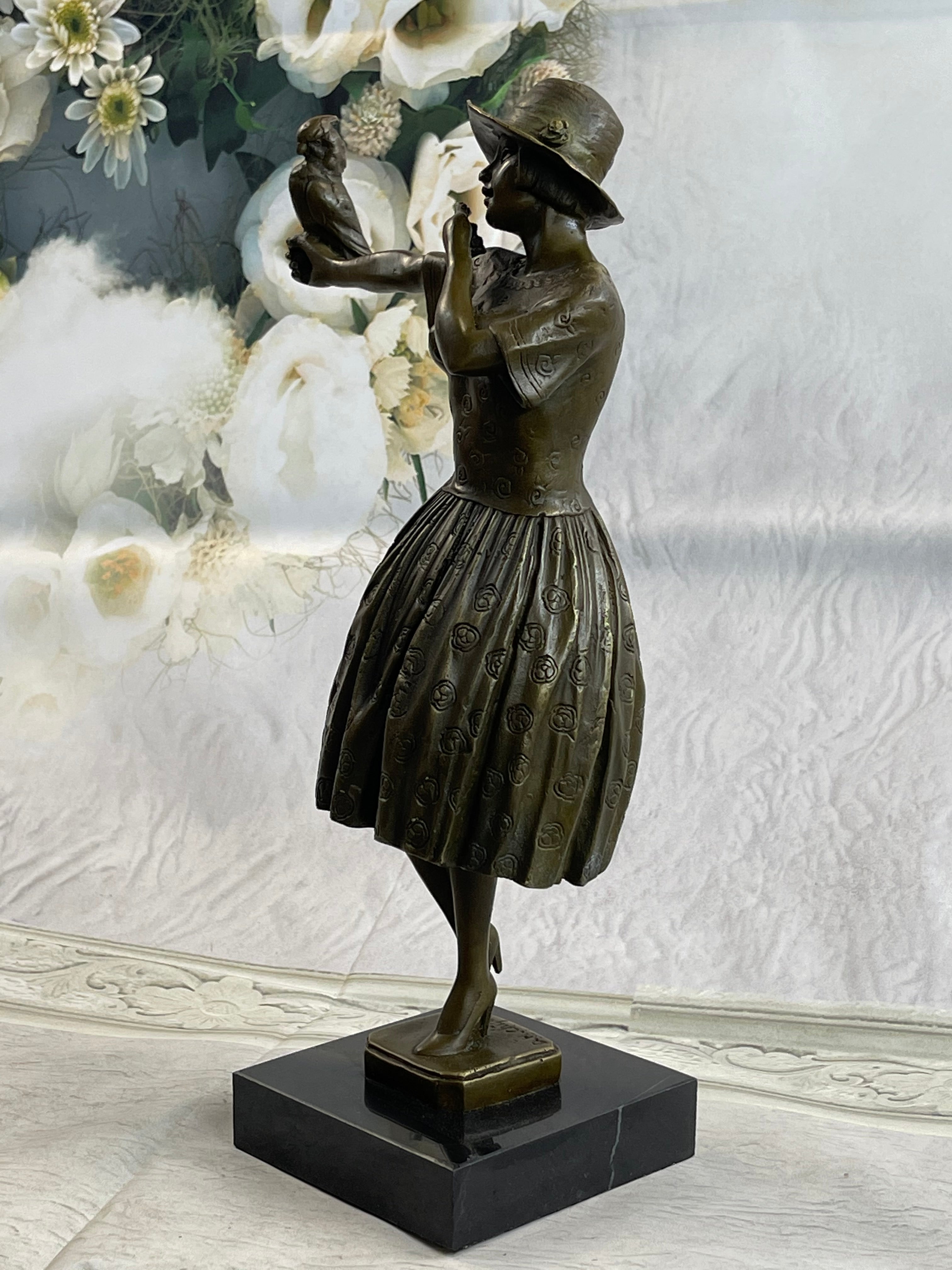 Solid Bronze Sculpture Lady with Bird Signed Real Art LRG