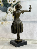 Solid Bronze Sculpture Lady with Bird Signed Real Art LRG