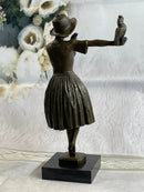 Solid Bronze Sculpture Lady with Bird Signed Real Art LRG