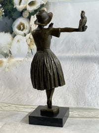 Solid Bronze Sculpture Lady with Bird Signed Real Art LRG