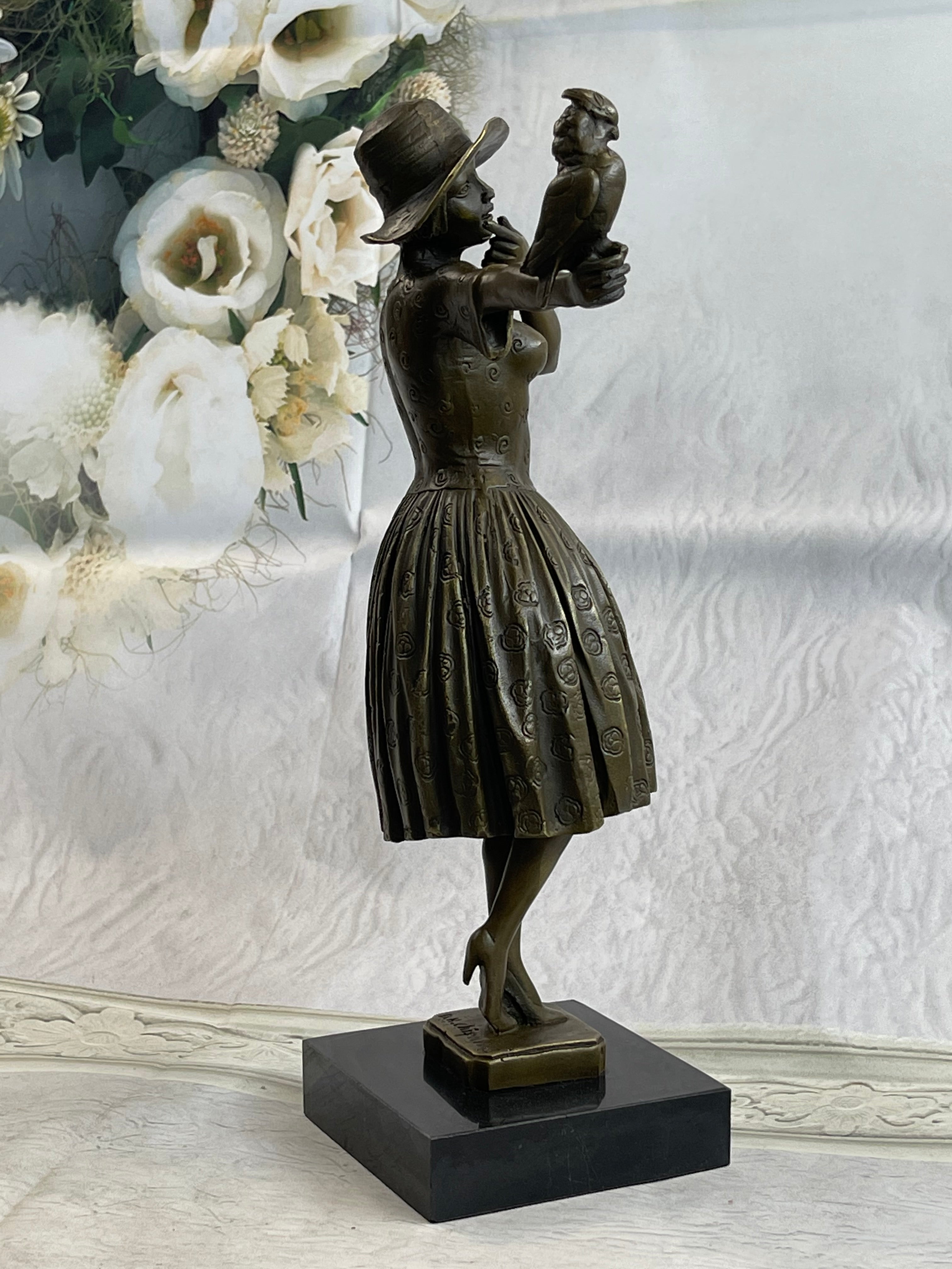 Solid Bronze Sculpture Lady with Bird Signed Real Art LRG