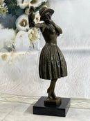 Solid Bronze Sculpture Lady with Bird Signed Real Art LRG