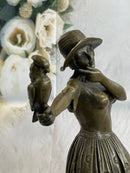 Solid Bronze Sculpture Lady with Bird Signed Real Art LRG