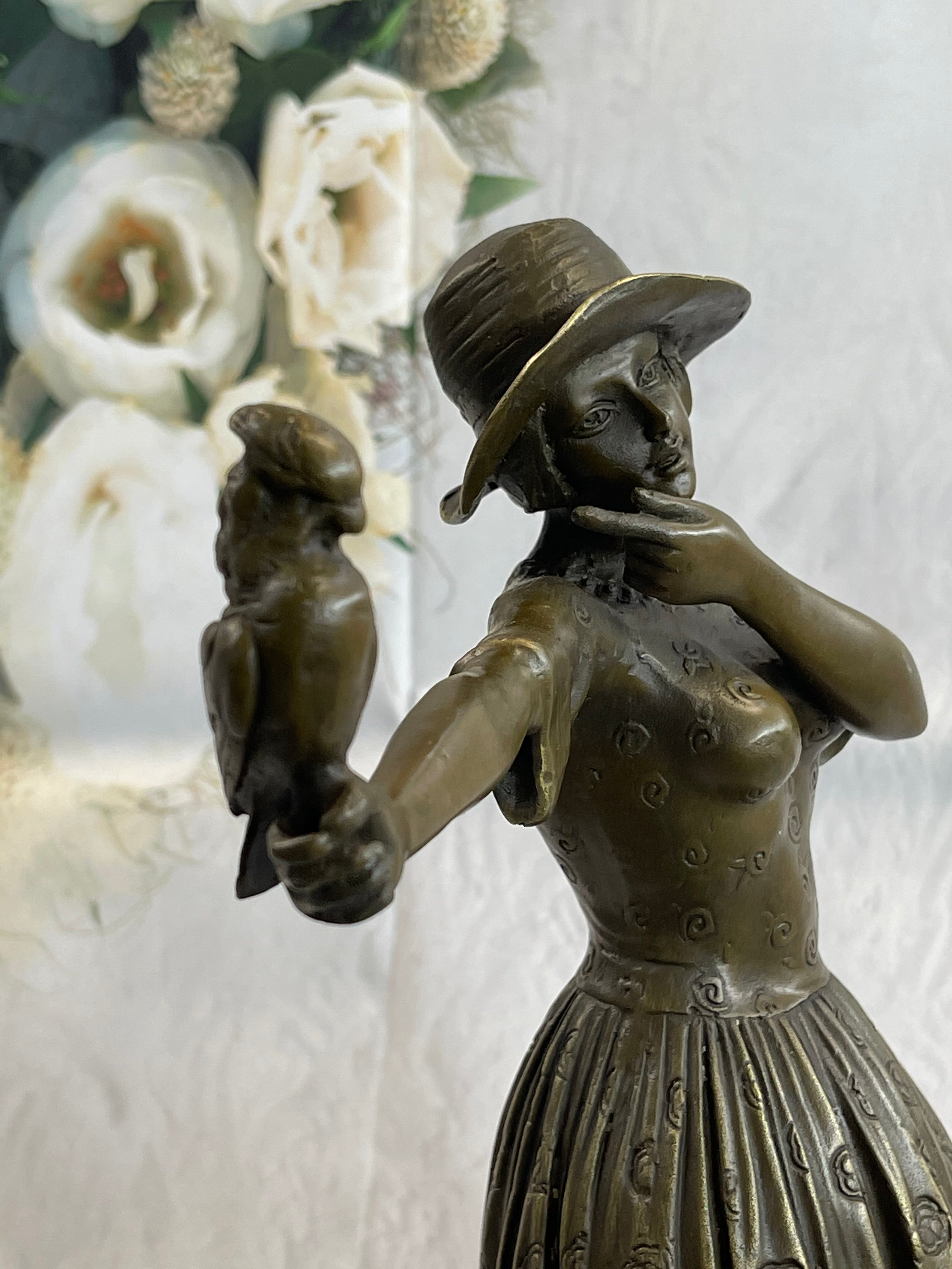 Solid Bronze Sculpture Lady with Bird Signed Real Art LRG