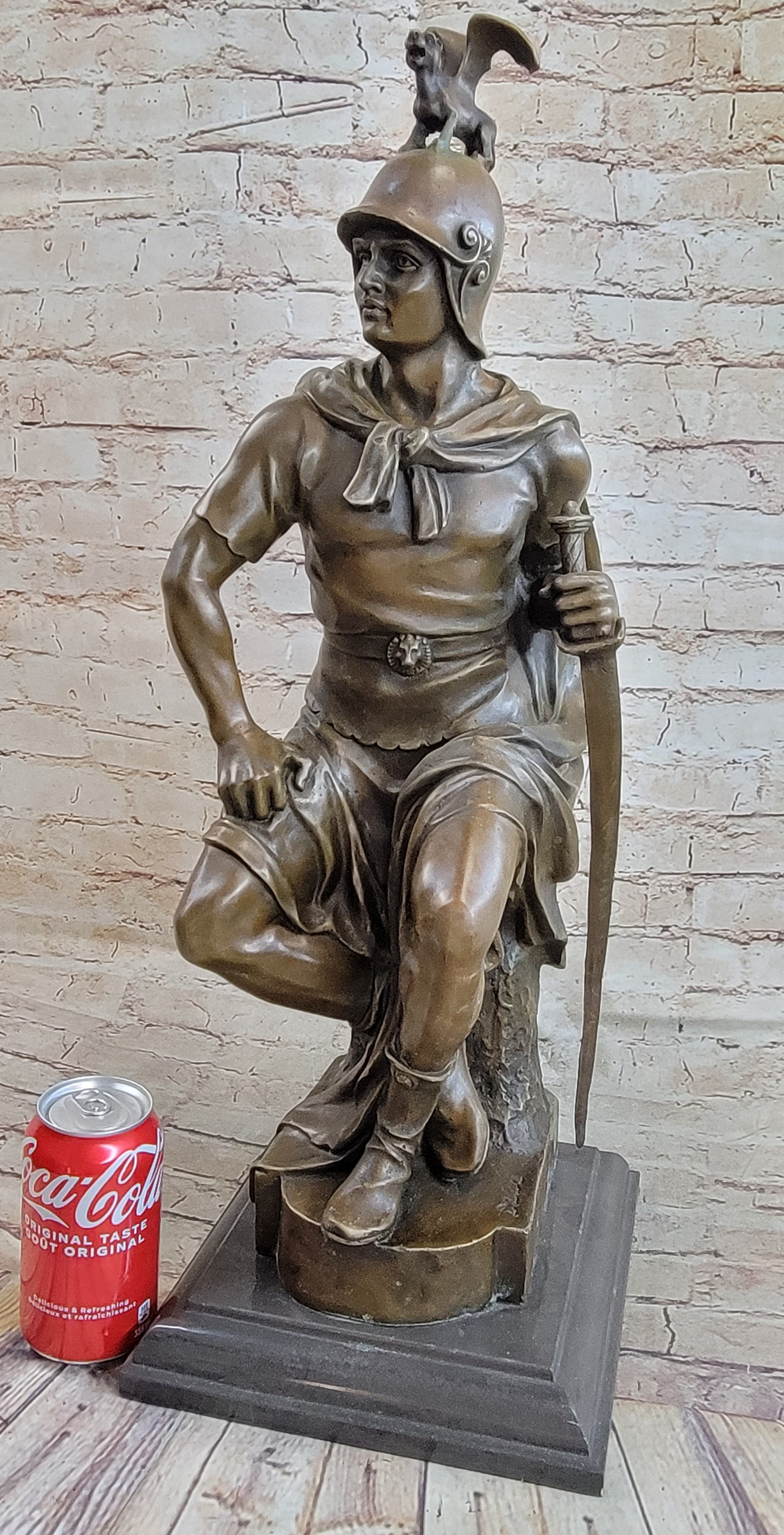 King Arthur Seated Ancient Warrior w/ Sword & Griffon Helmet Bronze