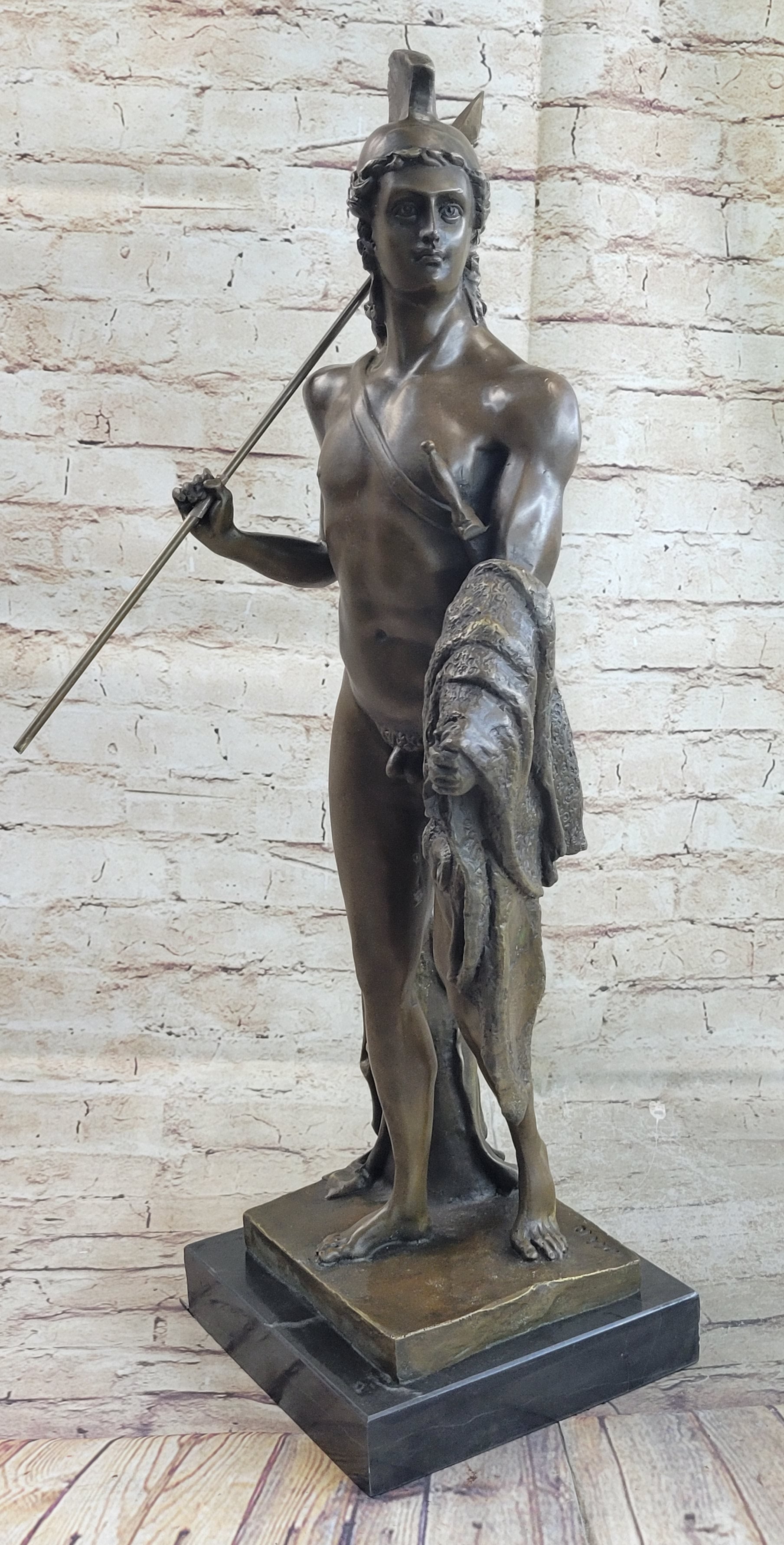 Greek Spartan Warrior Nude Figure Bronze Sculpture Art 33" x 8"