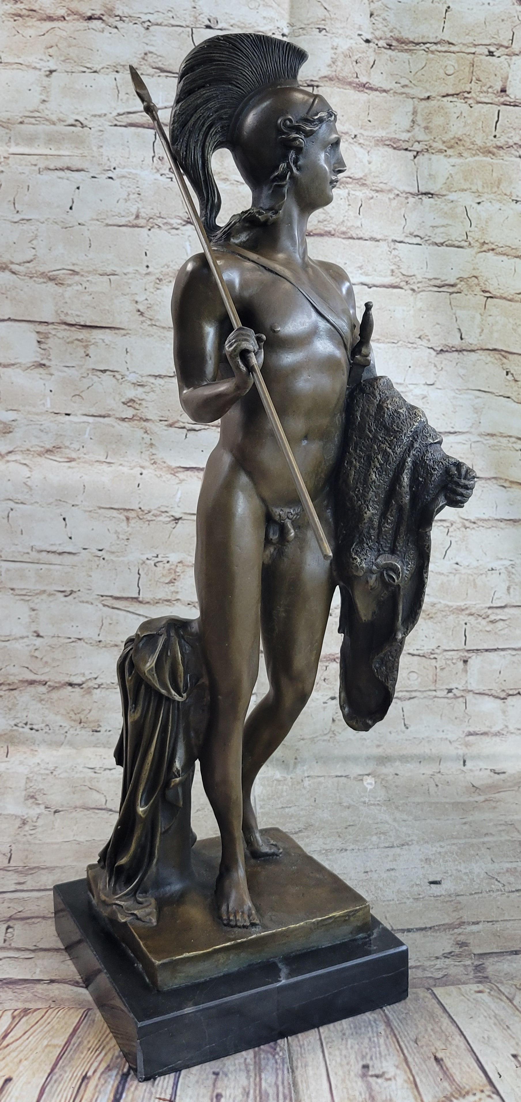 Greek Spartan Warrior Nude Figure Bronze Sculpture Art 33" x 8"