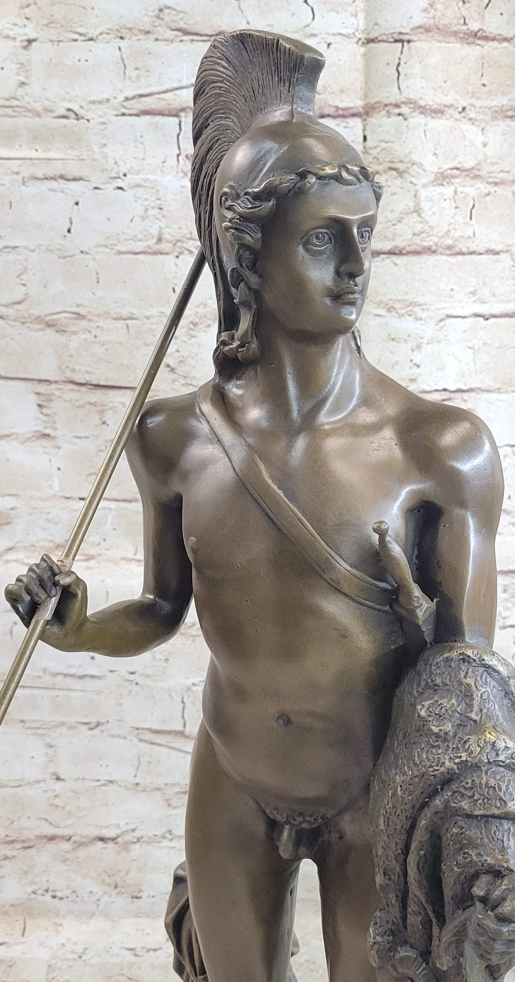 Greek Spartan Warrior Nude Figure Bronze Sculpture Art 33" x 8"