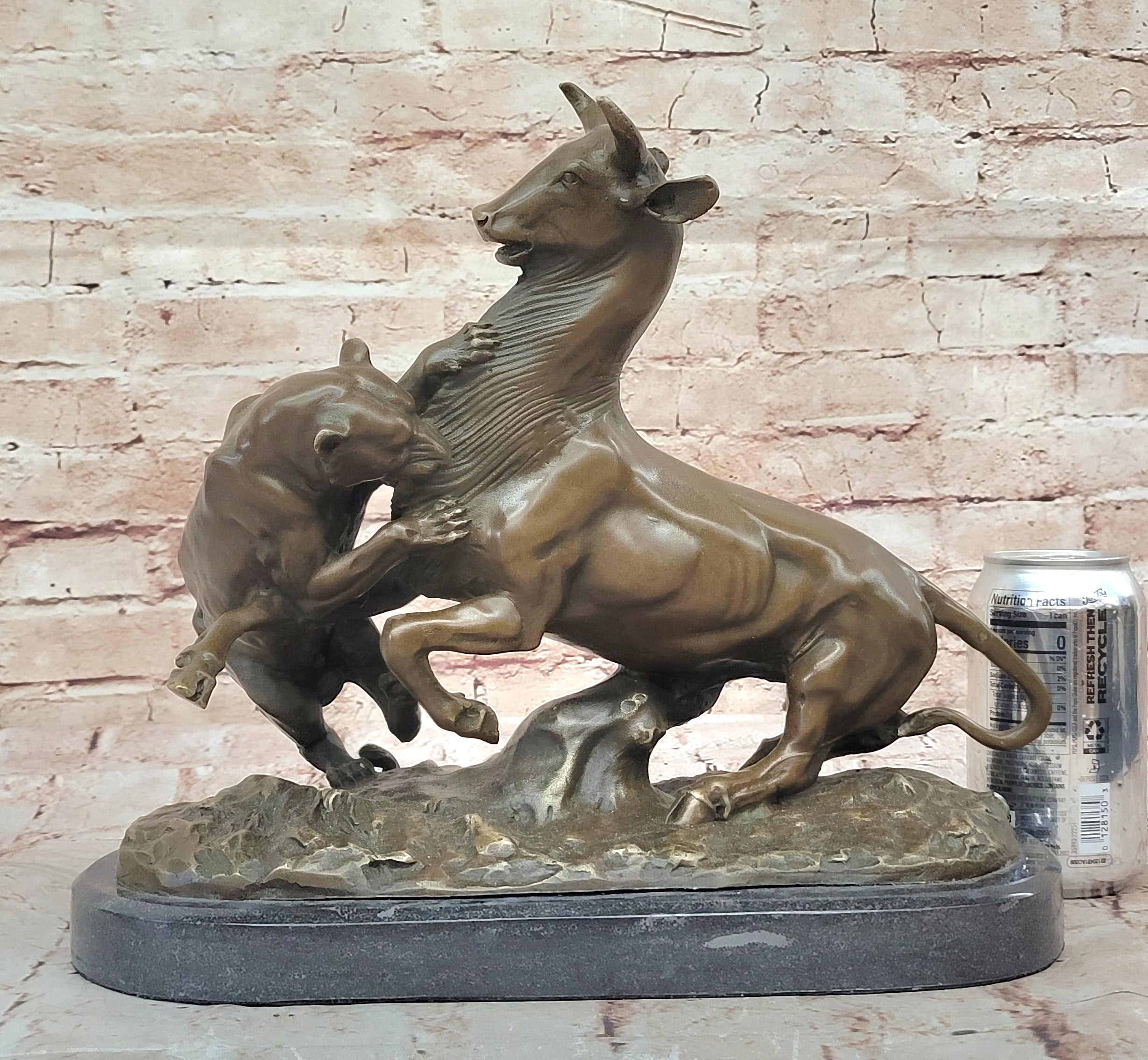 Bronze Panther Attacking Bull – Wildlife Scene on Marble Base