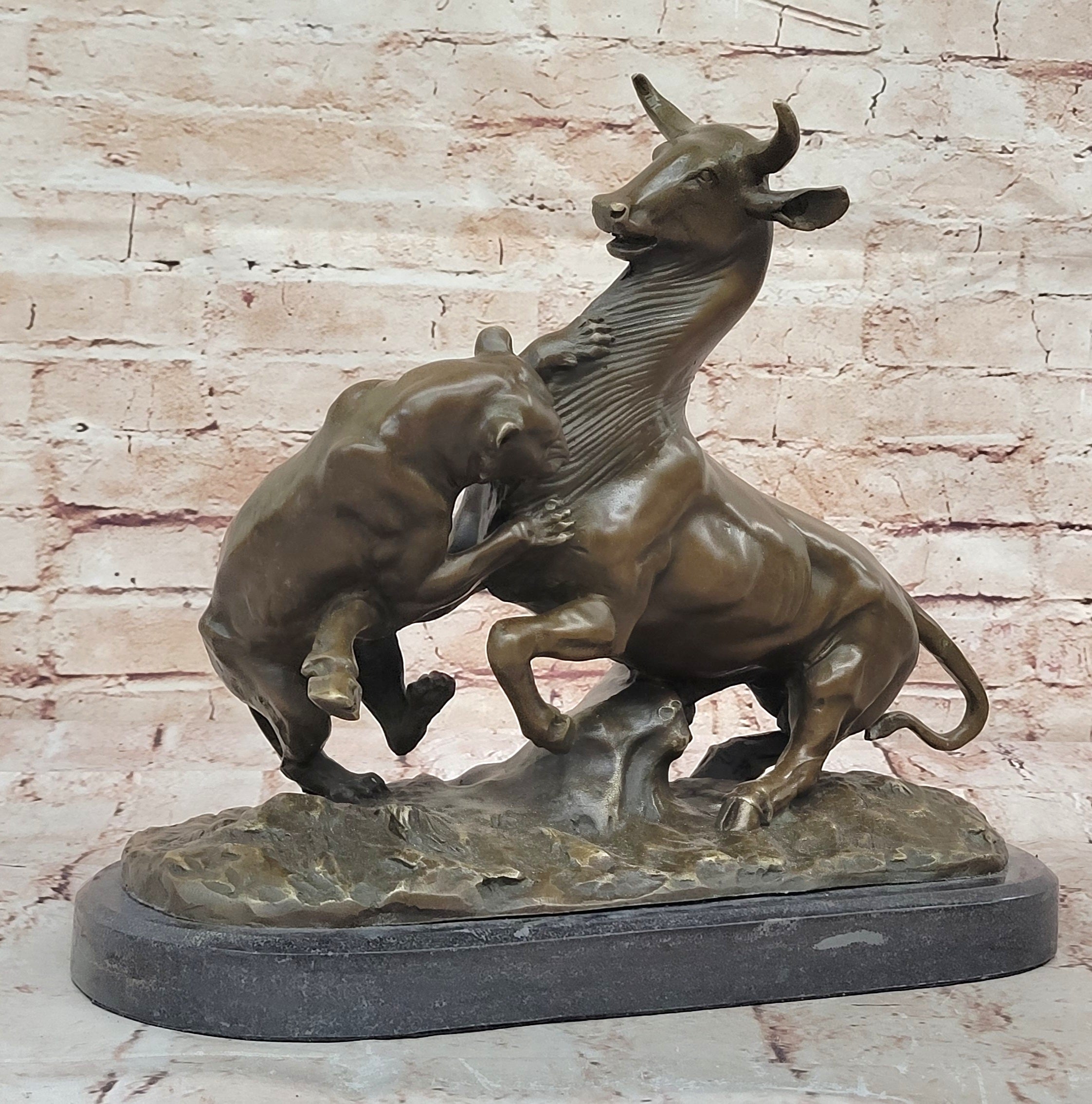 Bronze Panther Attacking Bull – Wildlife Scene on Marble Base