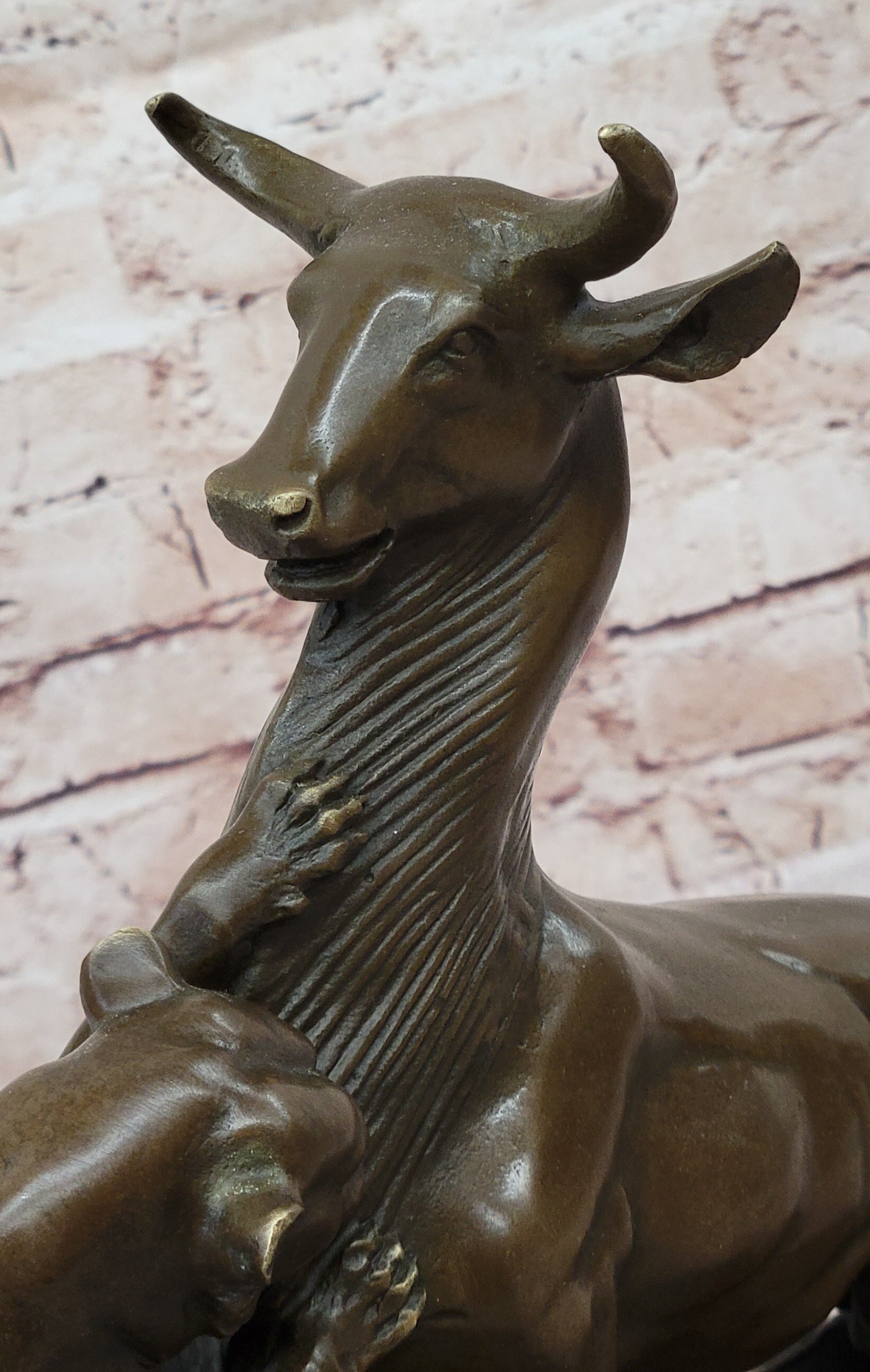 Bronze Panther Attacking Bull – Wildlife Scene on Marble Base