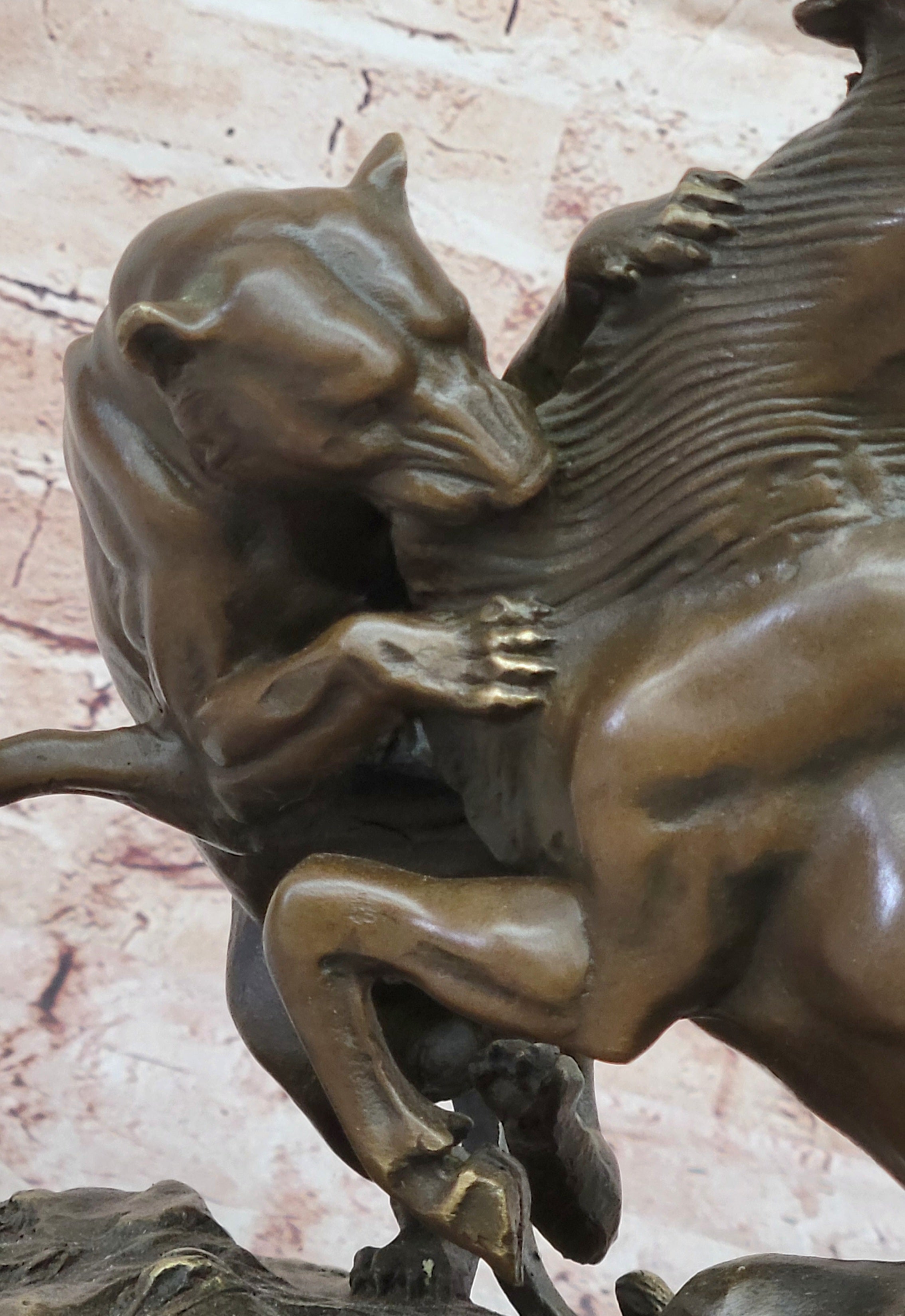 Bronze Panther Attacking Bull – Wildlife Scene on Marble Base