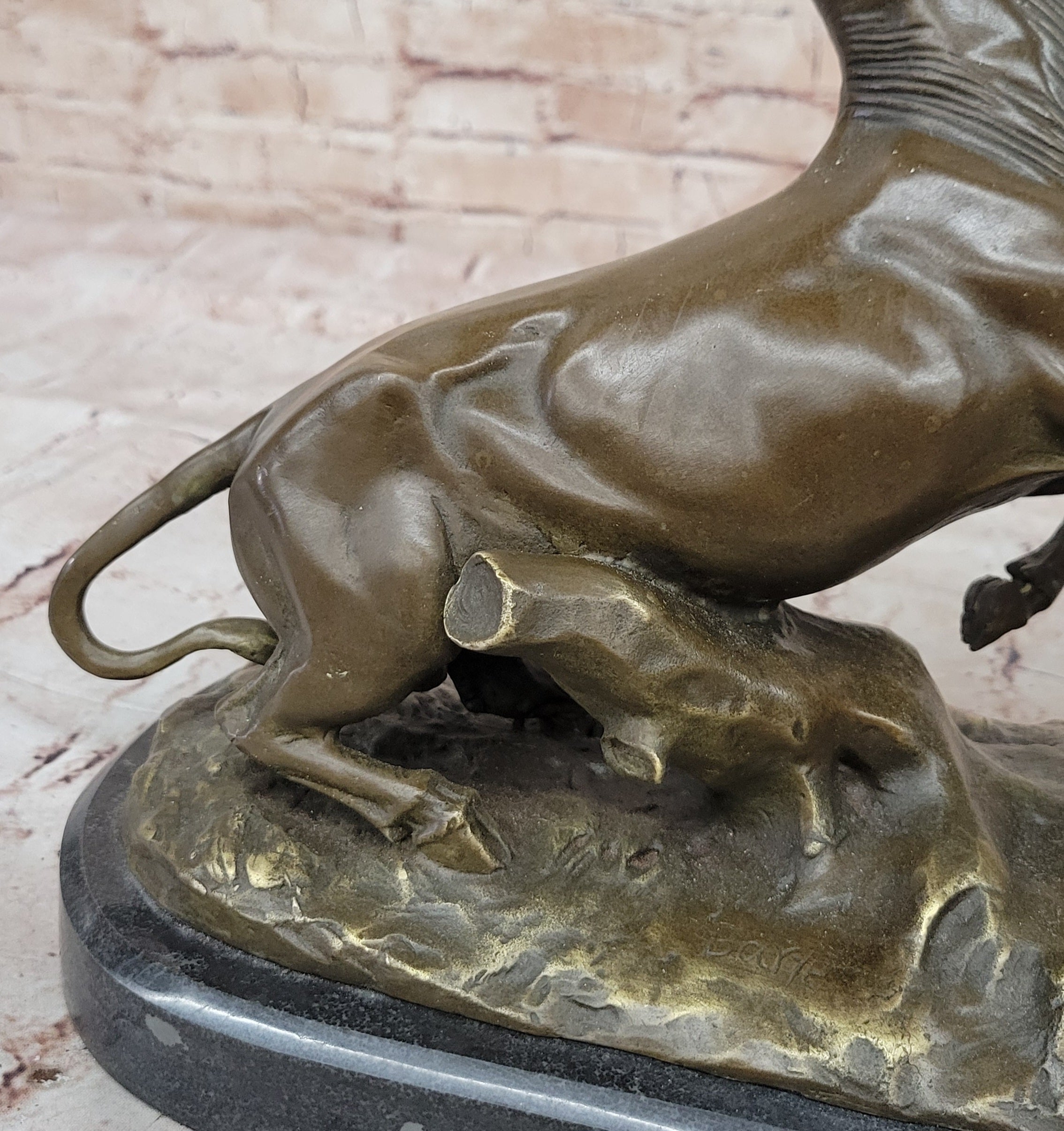 Bronze Panther Attacking Bull – Wildlife Scene on Marble Base