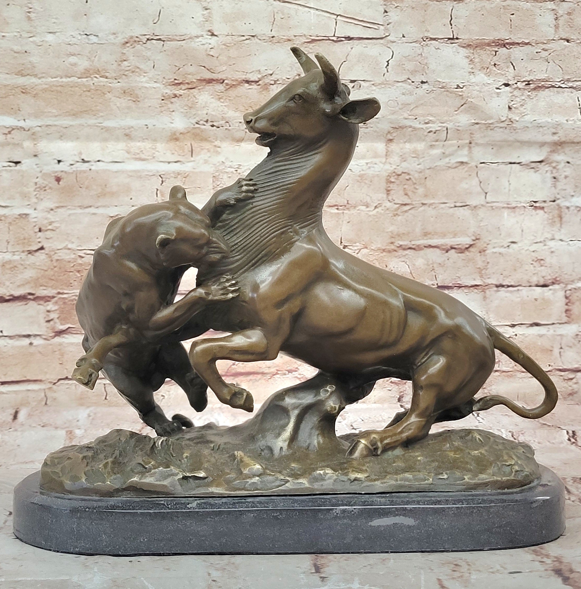 Bronze Panther Attacking Bull – Wildlife Scene on Marble Base
