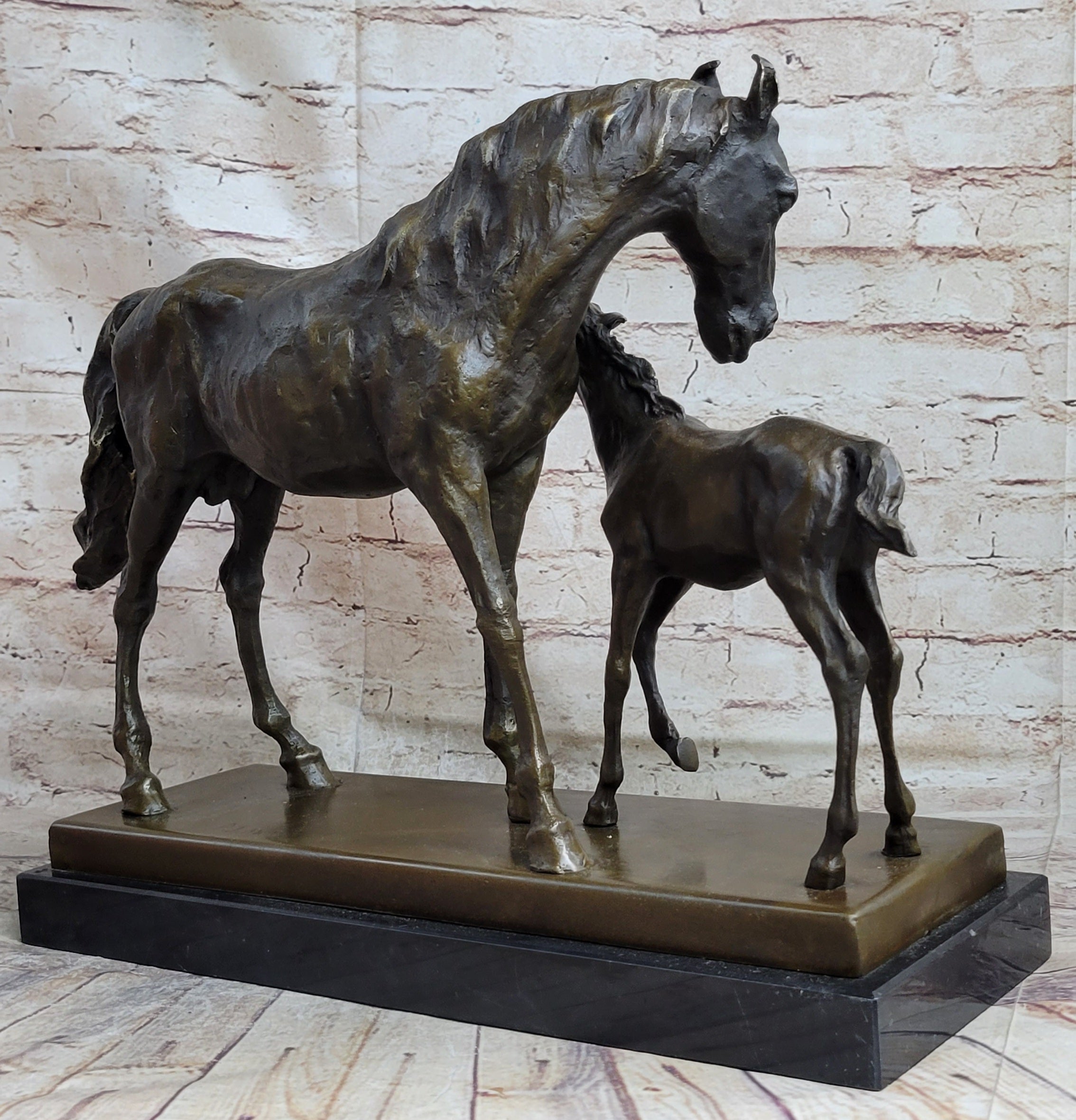 Horse W/ Foal Bronze Marble By Mene Hot Cast Sculpture