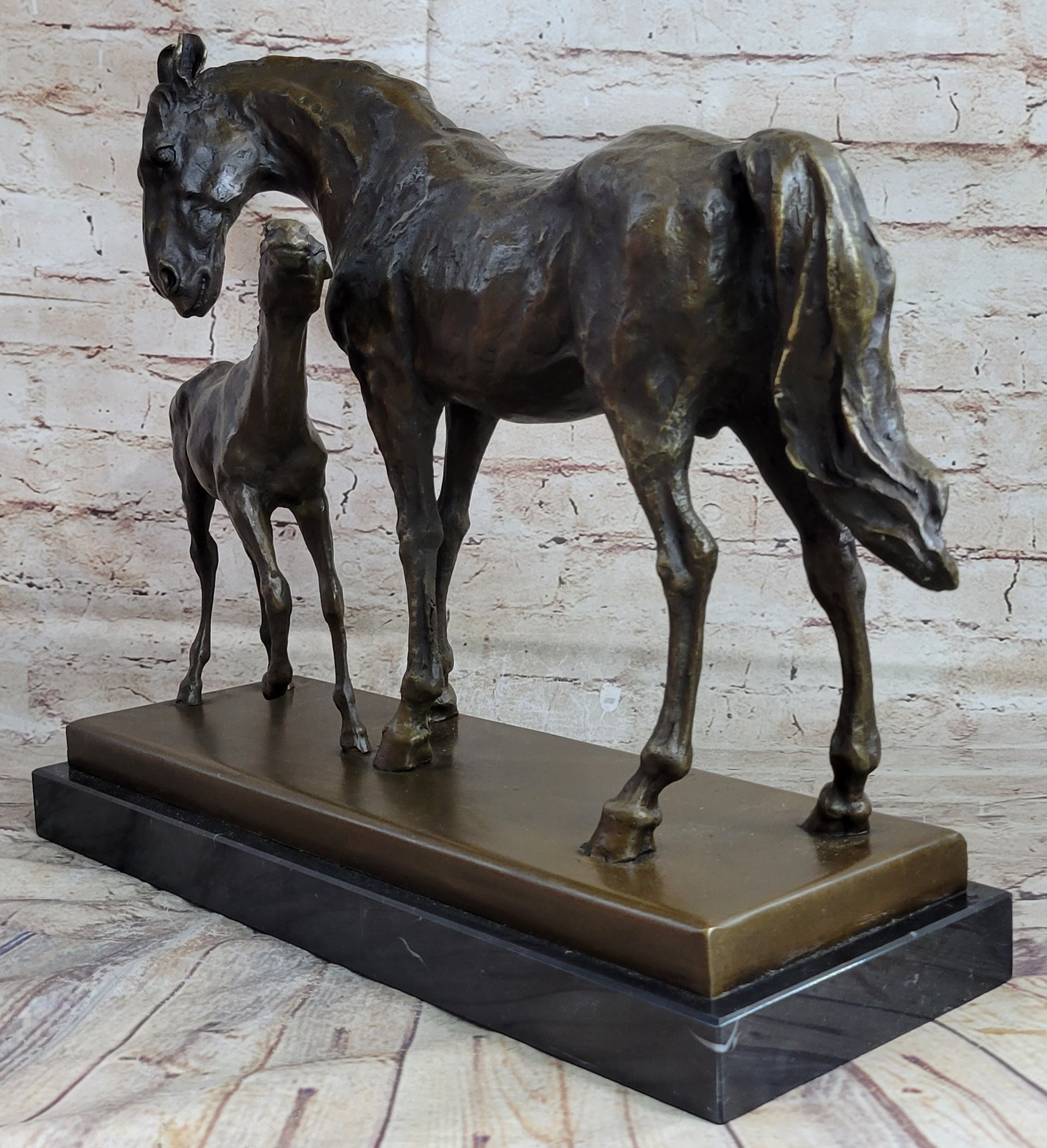 Horse W/ Foal Bronze Marble By Mene Hot Cast Sculpture