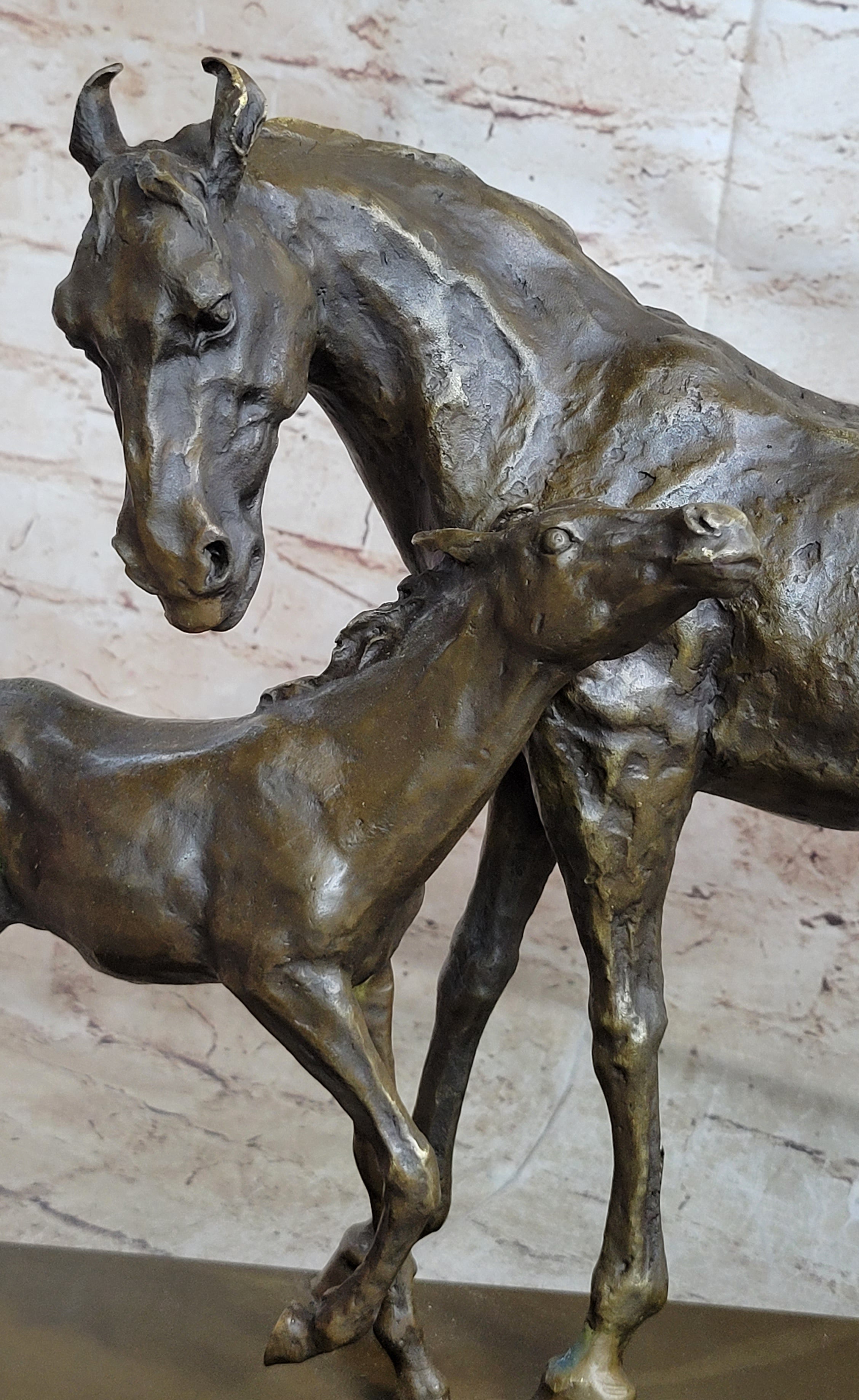 Horse W/ Foal Bronze Marble By Mene Hot Cast Sculpture