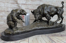 Bear vs. American Buffalo Bison Bronze Sculpture on Marble Base