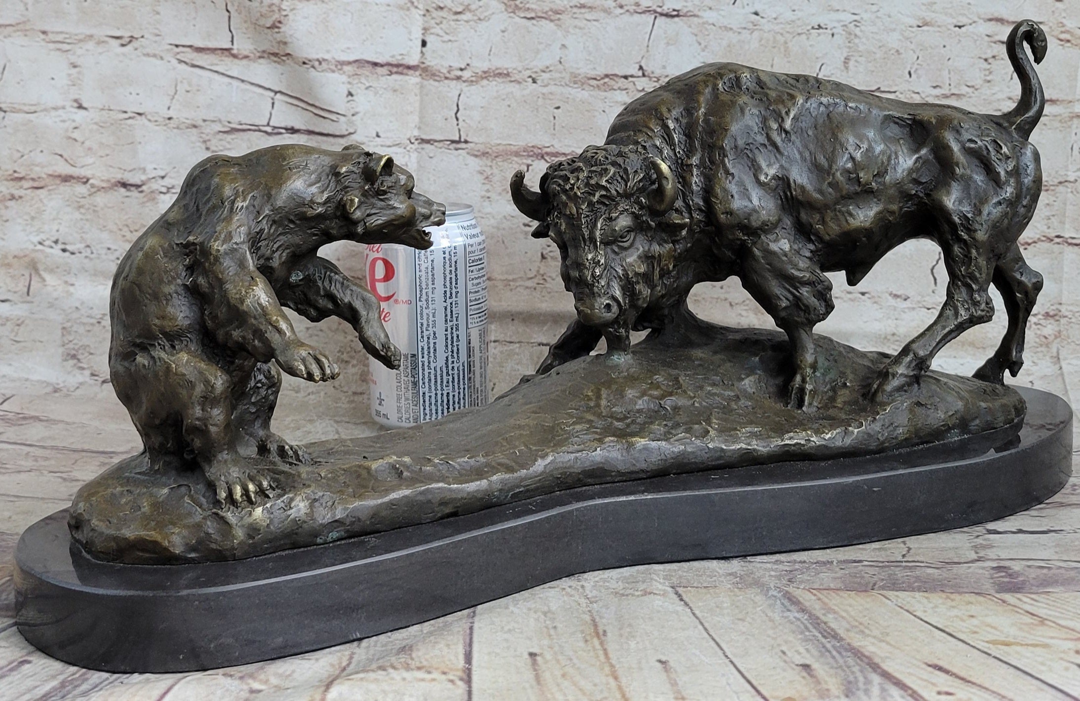 Bear vs. American Buffalo Bison Bronze Sculpture on Marble Base