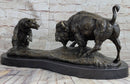 Bear vs. American Buffalo Bison Bronze Sculpture on Marble Base