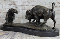 Bear vs. American Buffalo Bison Bronze Sculpture on Marble Base