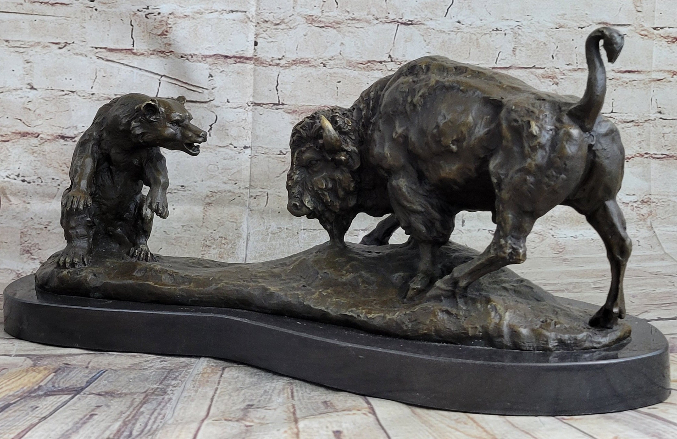 Bear vs. American Buffalo Bison Bronze Sculpture on Marble Base