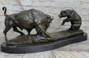 Bear vs. American Buffalo Bison Bronze Sculpture on Marble Base
