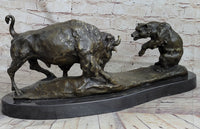 Bear vs. American Buffalo Bison Bronze Sculpture on Marble Base