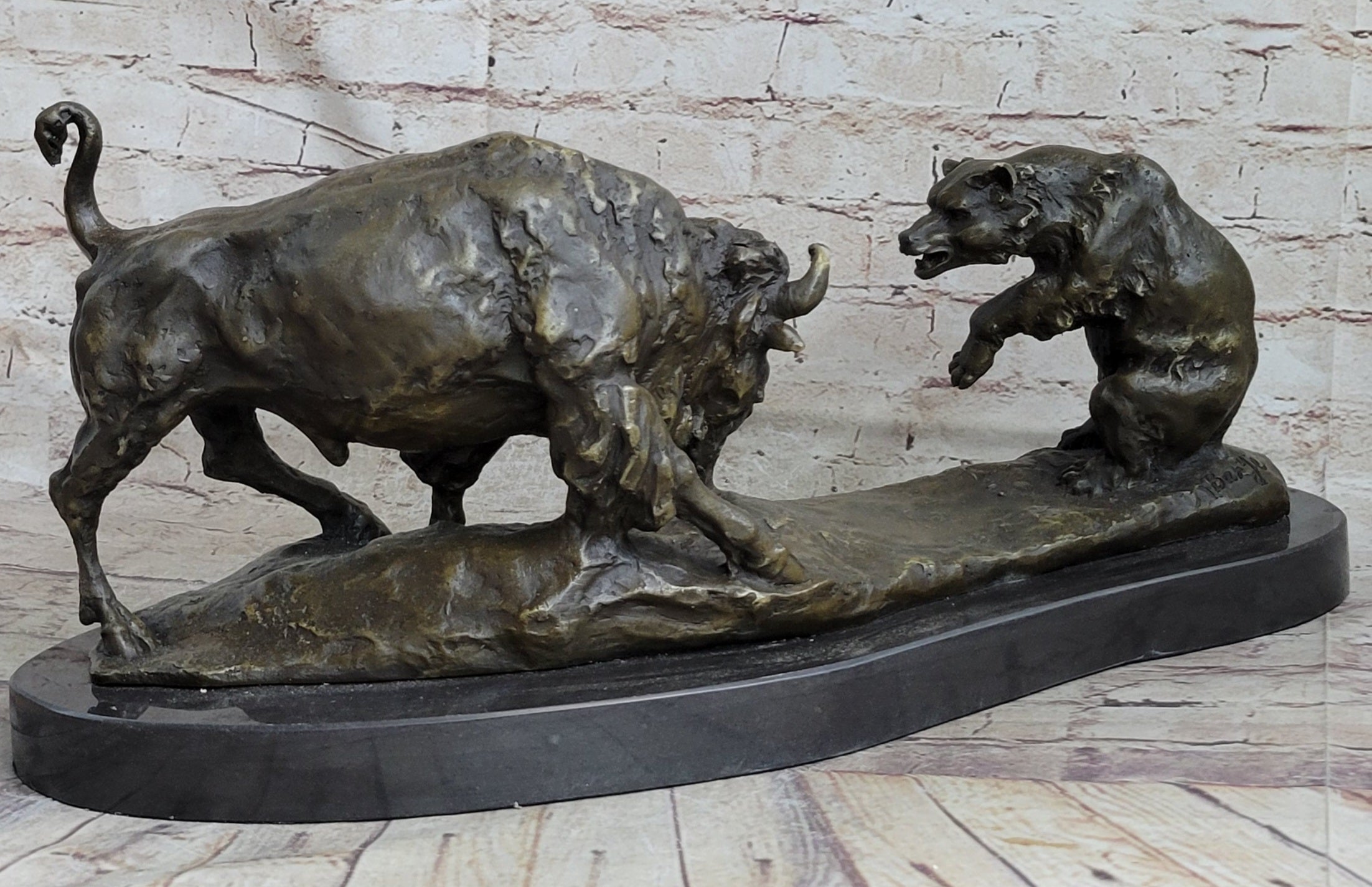 Bear vs. American Buffalo Bison Bronze Sculpture on Marble Base