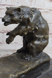 Bear vs. American Buffalo Bison Bronze Sculpture on Marble Base