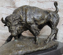 Bear vs. American Buffalo Bison Bronze Sculpture on Marble Base