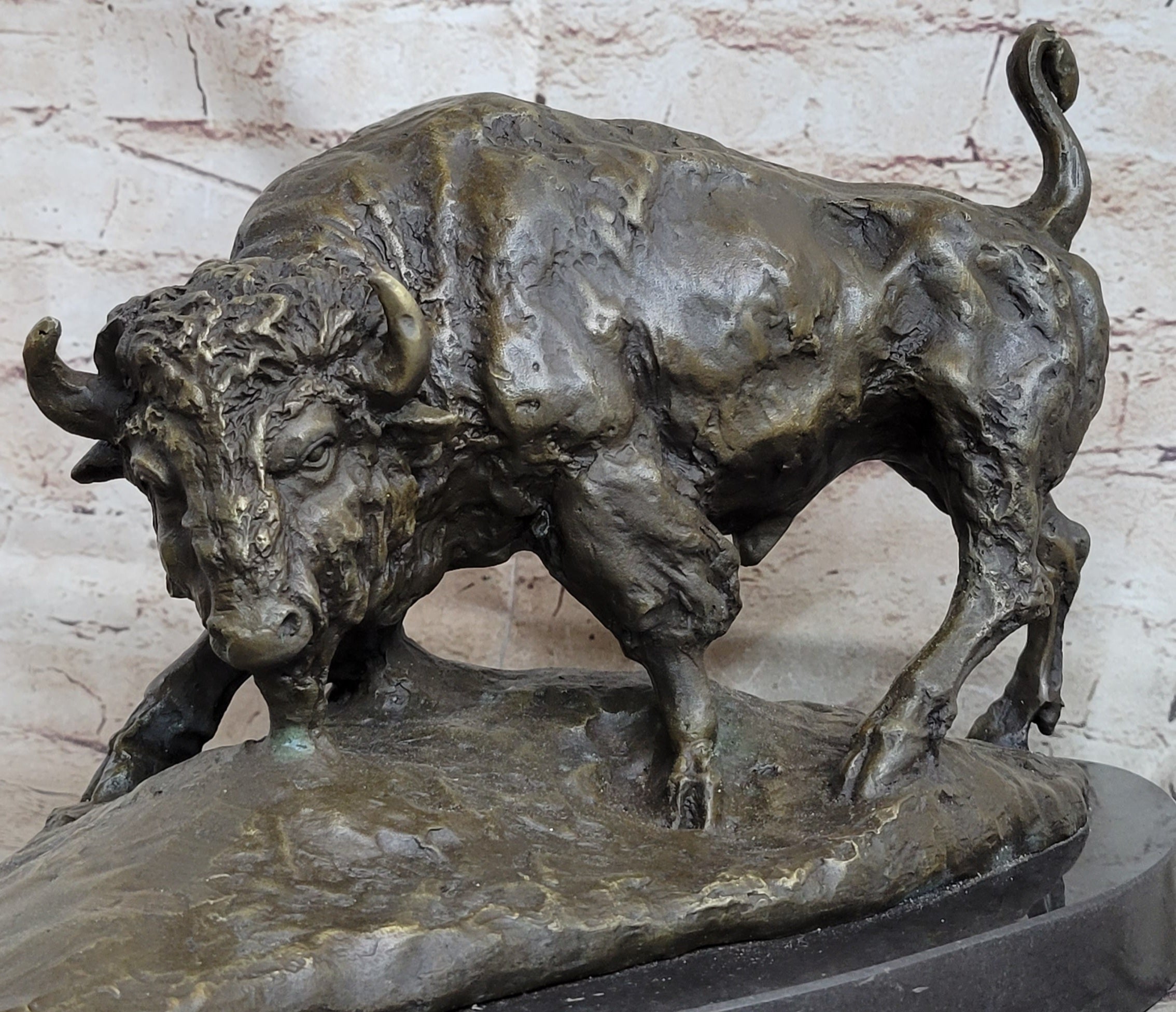 Bear vs. American Buffalo Bison Bronze Sculpture on Marble Base