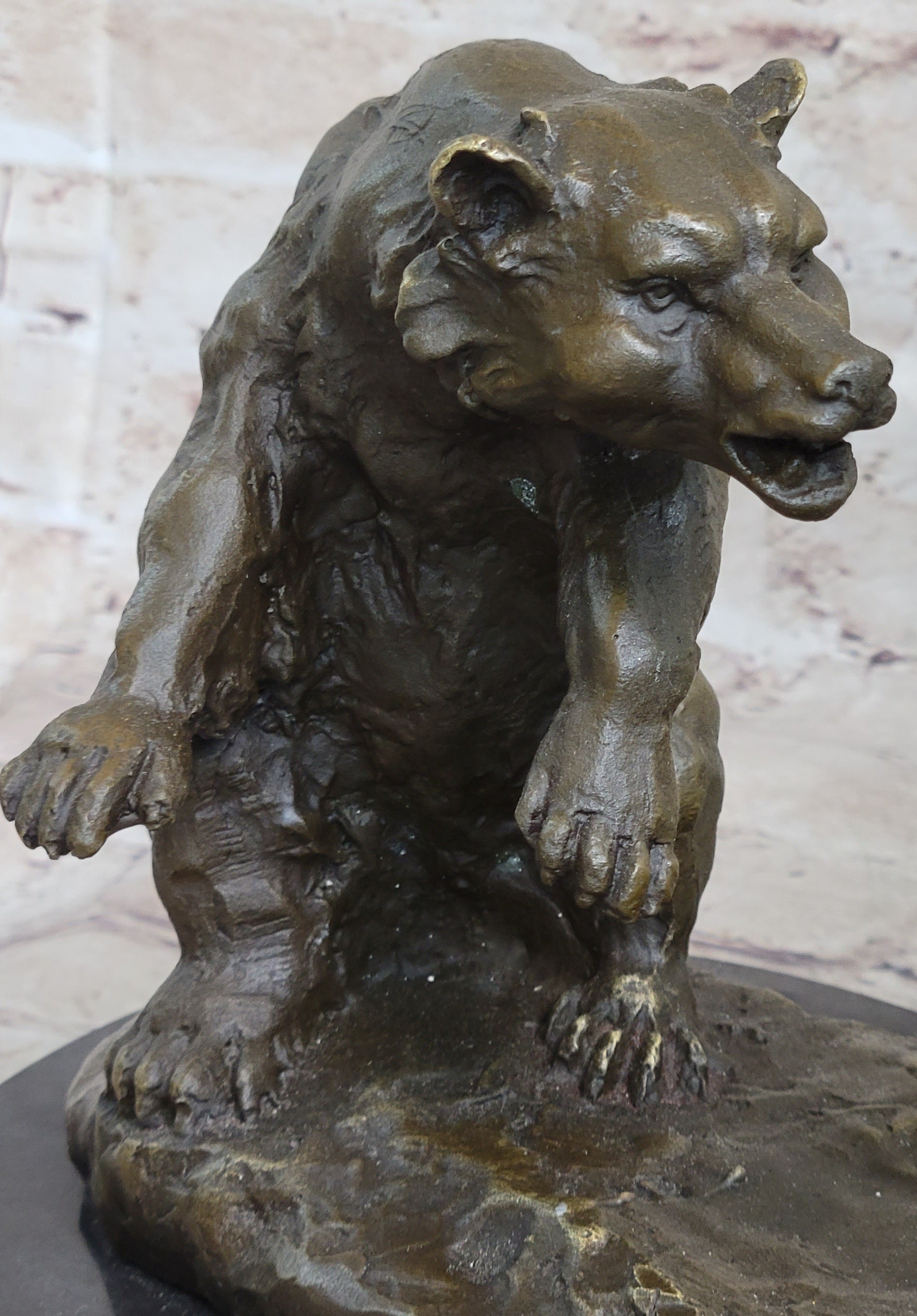 Bear vs. American Buffalo Bison Bronze Sculpture on Marble Base