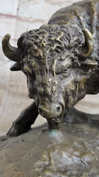 Bear vs. American Buffalo Bison Bronze Sculpture on Marble Base