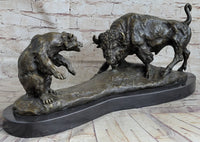Bear vs. American Buffalo Bison Bronze Sculpture on Marble Base