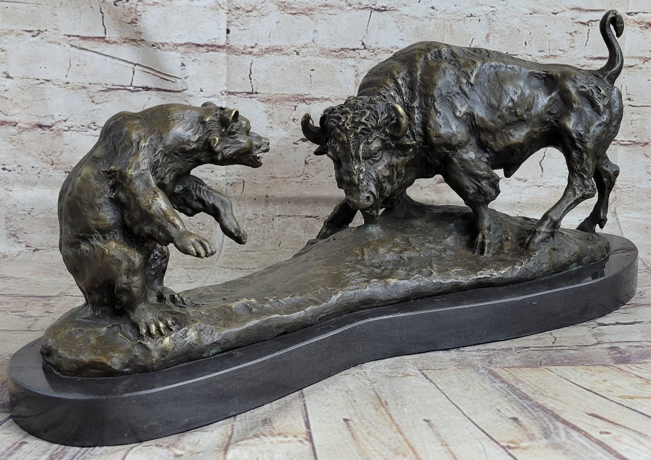 Bear vs. American Buffalo Bison Bronze Sculpture on Marble Base