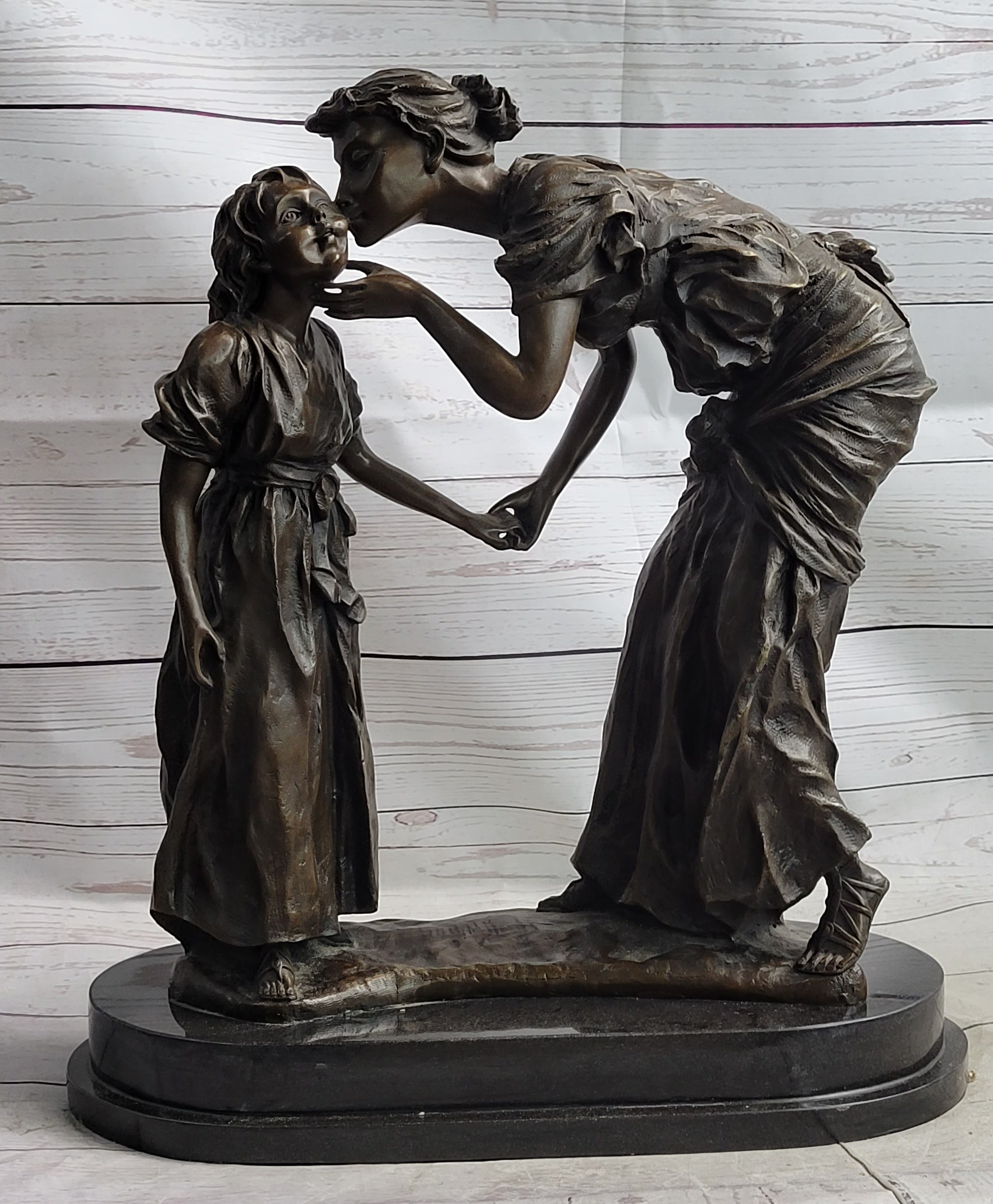 Mother Kissing Child Daughter Bronze Sculpture Signed Art