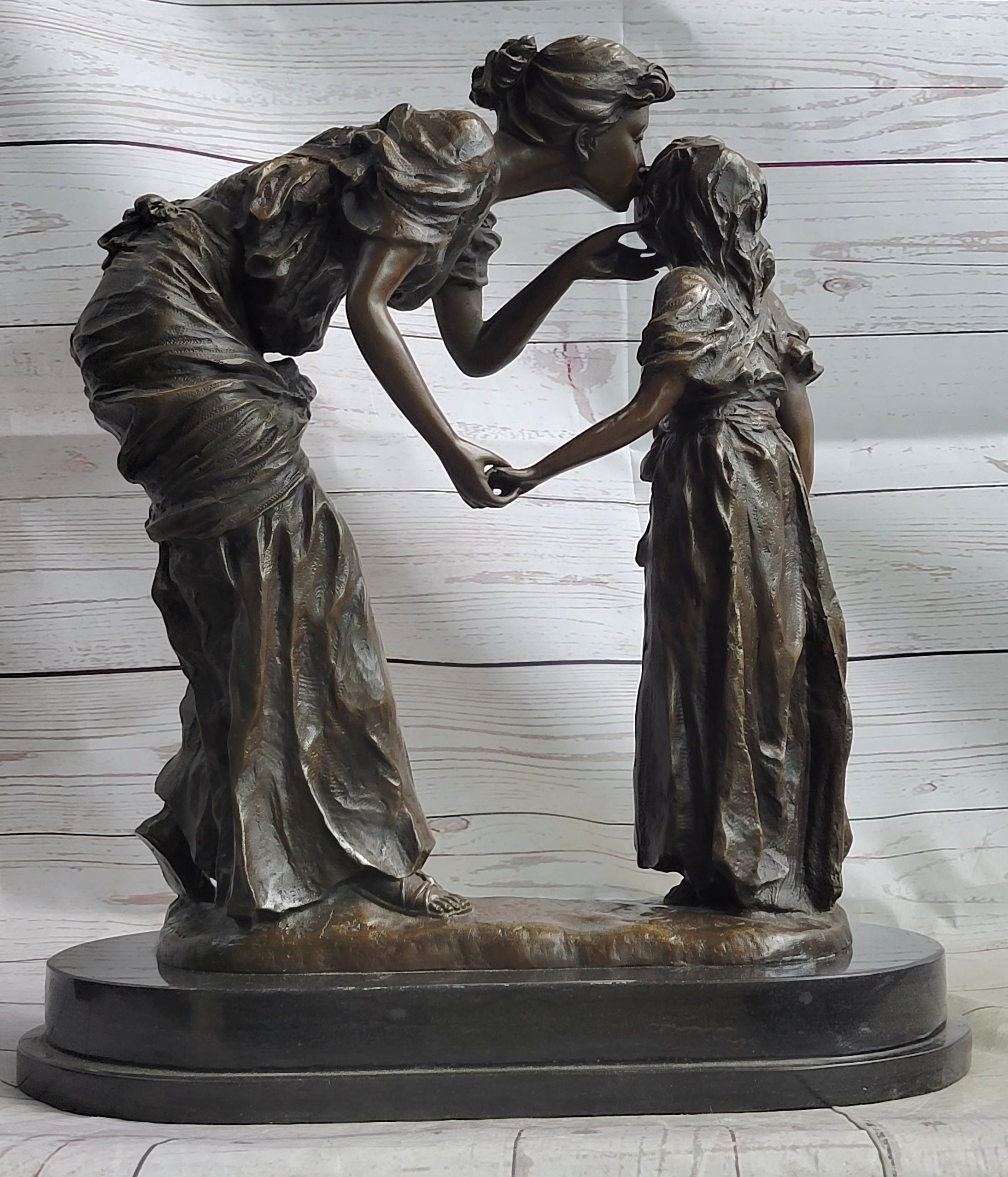 Mother Kissing Child Daughter Bronze Sculpture Signed Art
