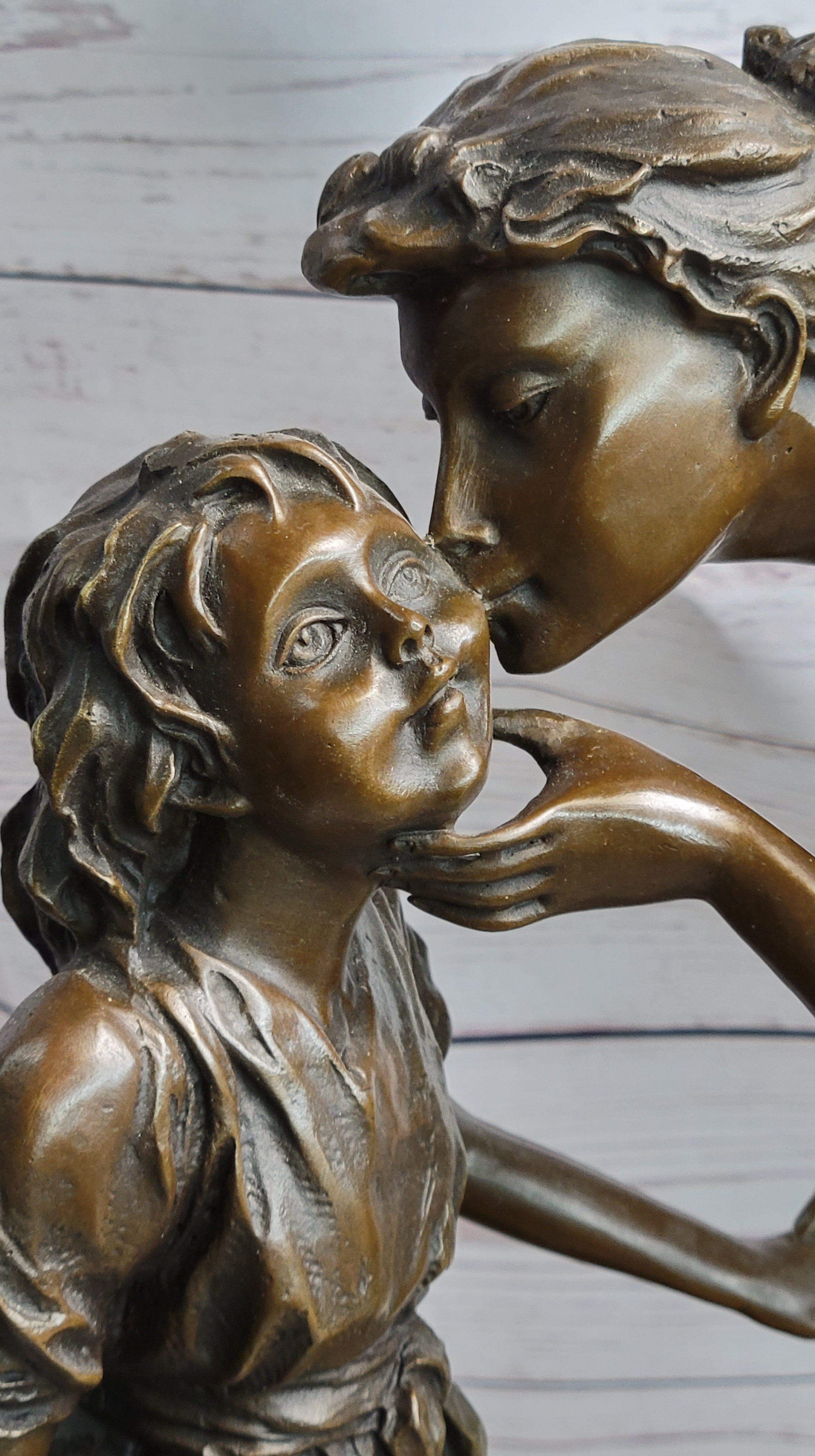Mother Kissing Child Daughter Bronze Sculpture Signed Art