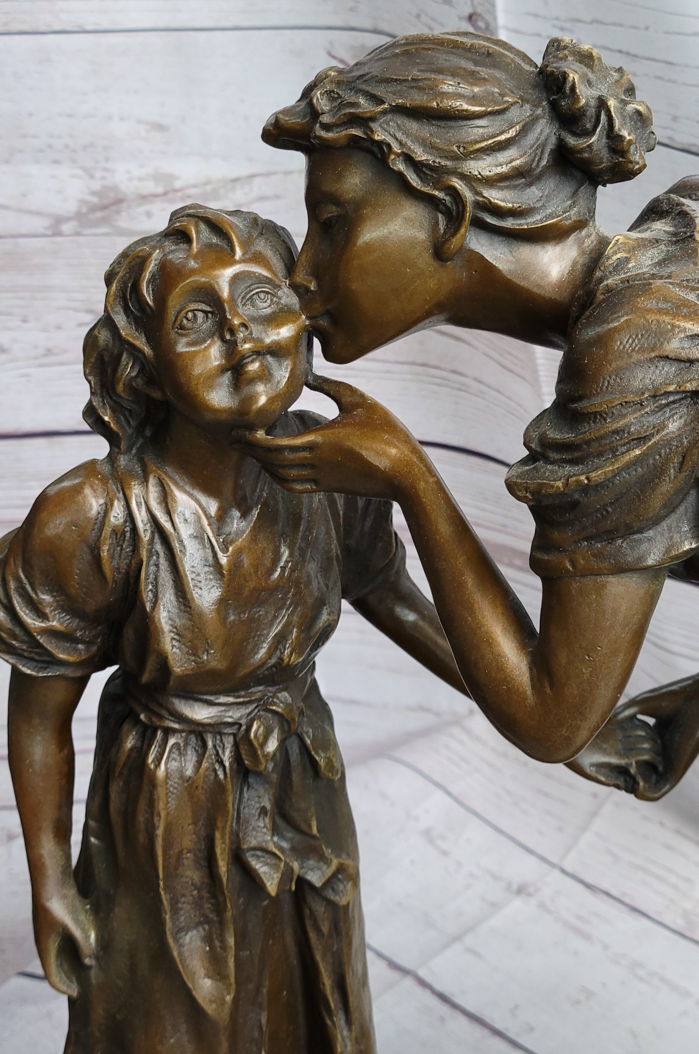 Mother Kissing Child Daughter Bronze Sculpture Signed Art