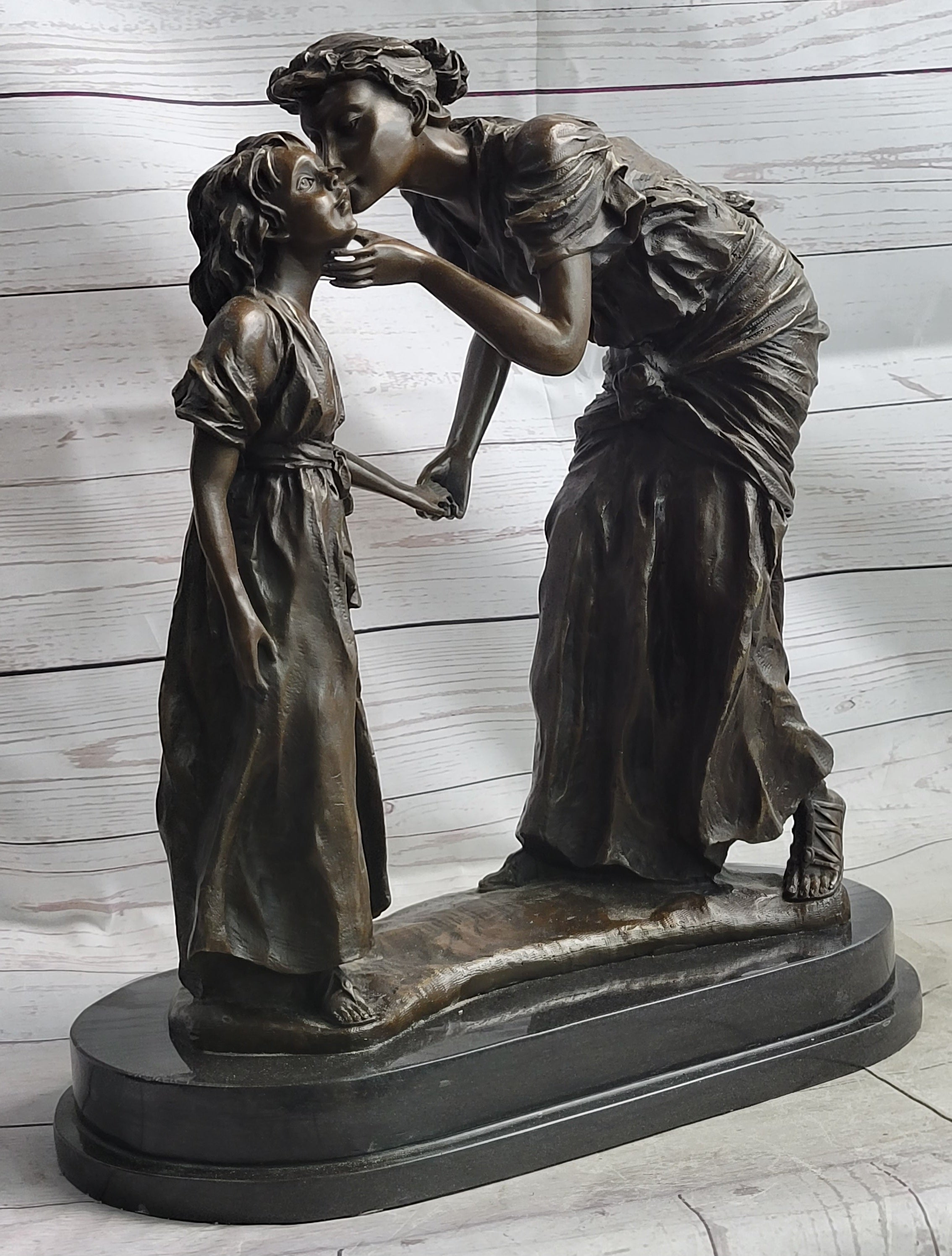Mother Kissing Child Daughter Bronze Sculpture Signed Art